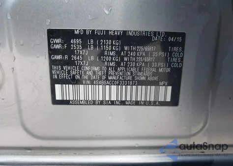 2015 Subaru Outback 2.5I Premium z USA, uszkodzony, nr VIN 4S4BSACC0F3331873